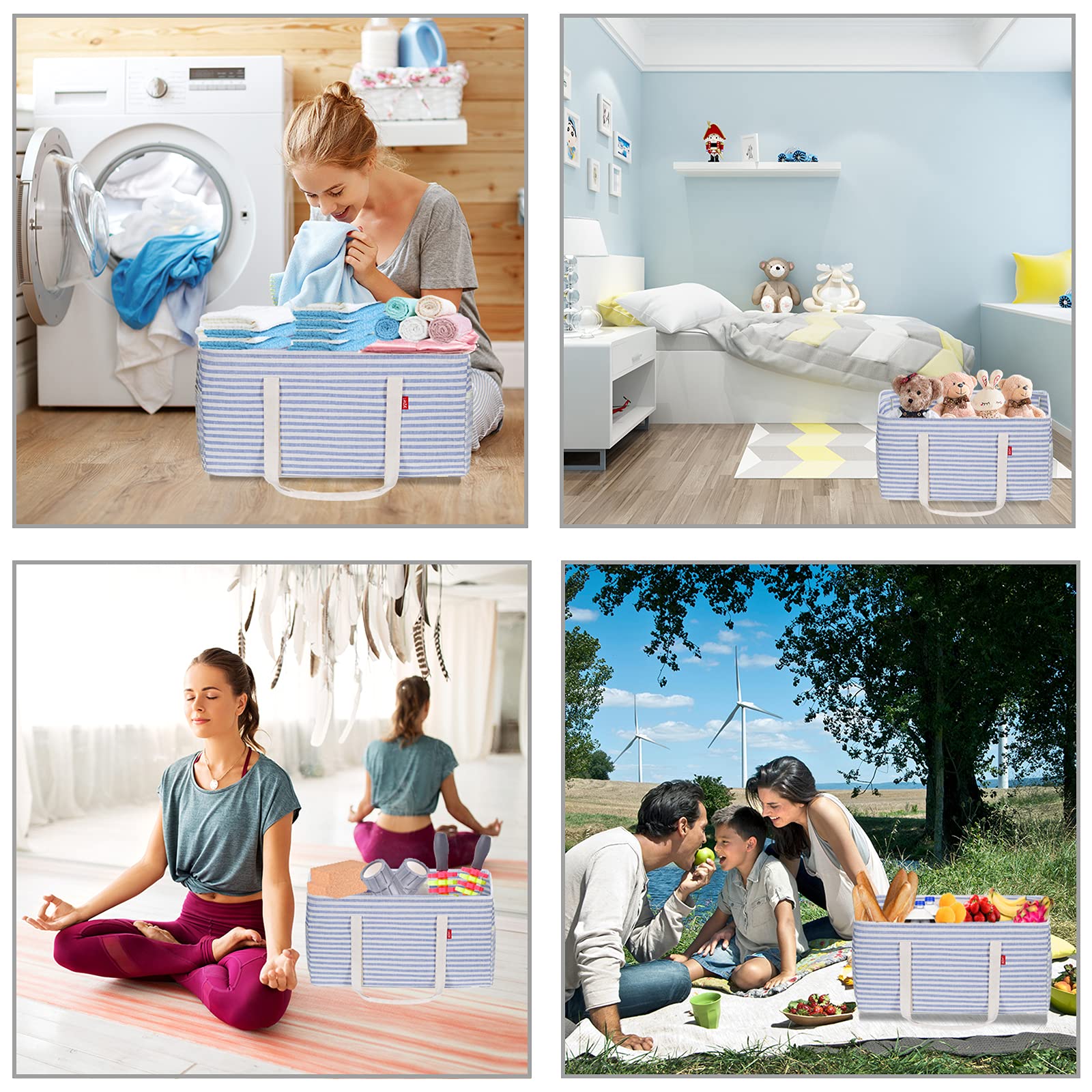 Lhzk Standing Extra Large Utility Tote Bag With Metal Wire Frame And The Sides Rinforced, Large Collapsible Tote (Blue)